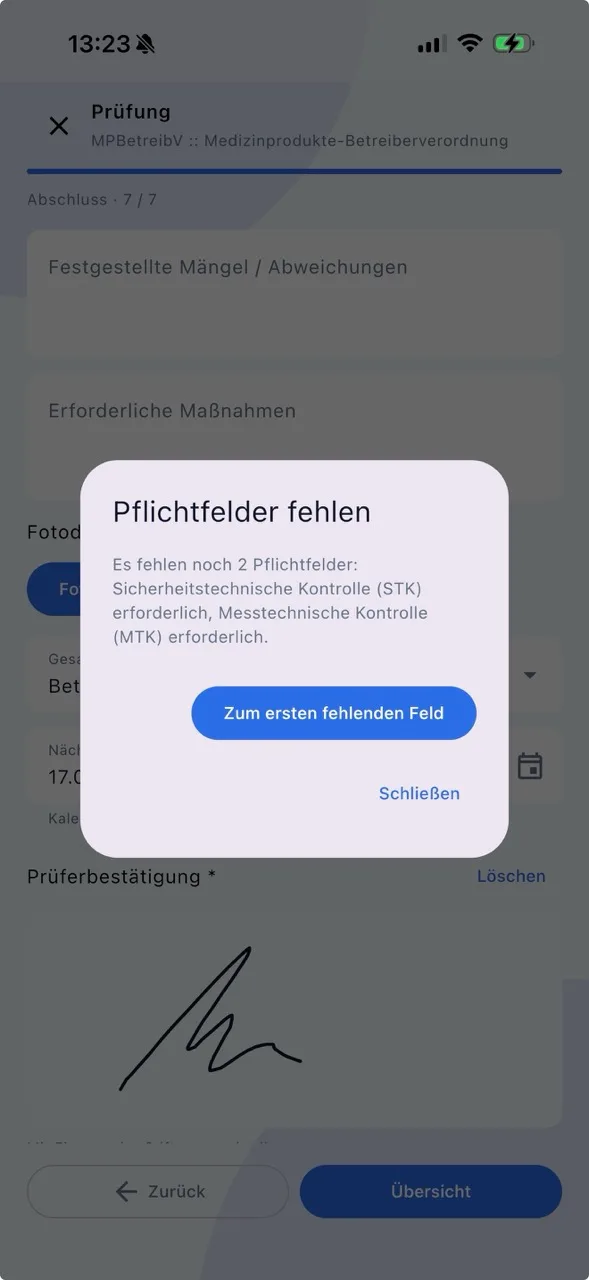 Hinweis zu fehlenden Pflichtfeldern und Mängeldokumentation in der Prüfer-App
