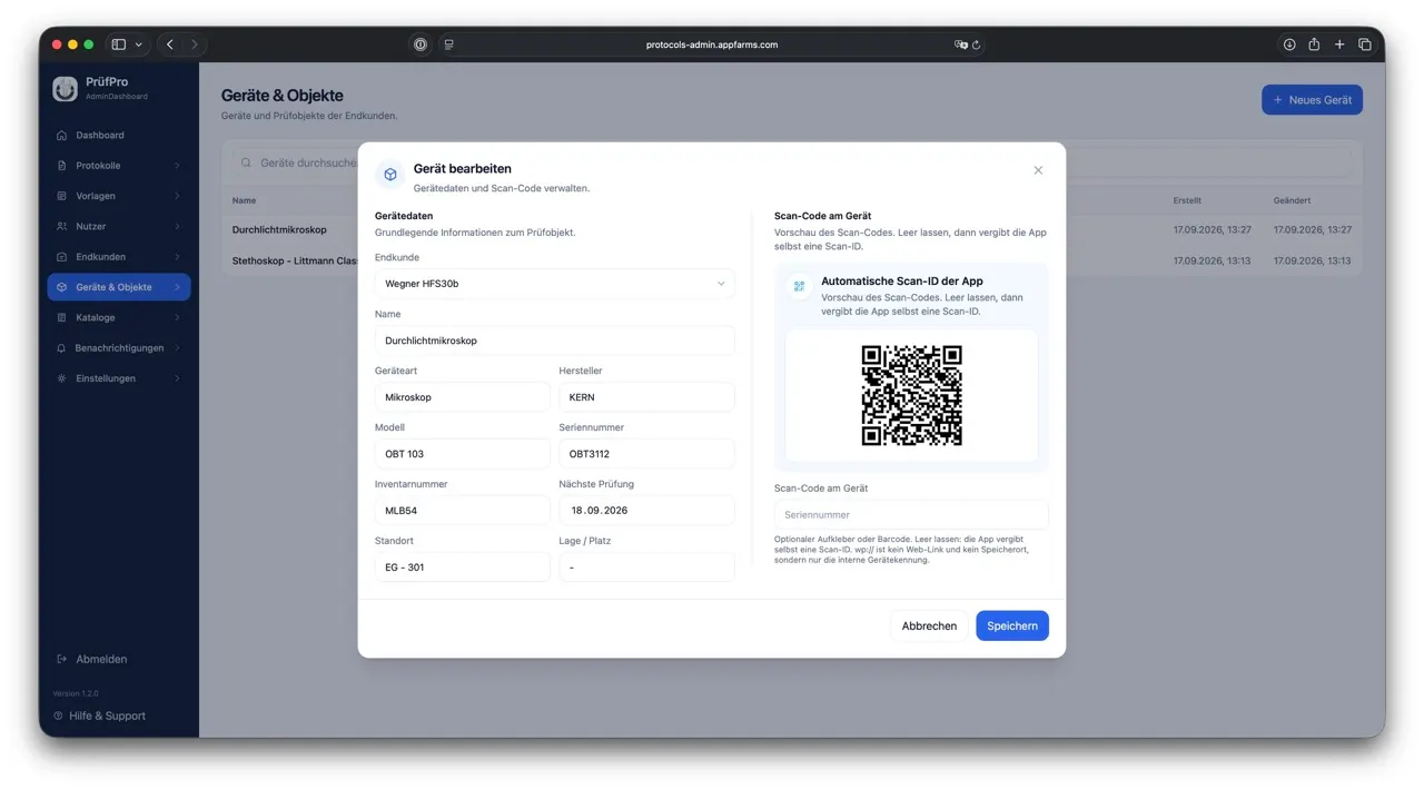 Anlagendaten in der Administration mit Scan-Code am Gerät